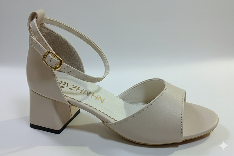 نمای بغل کفش پاشنه پهن مجلسی زنانه رنگ کرم