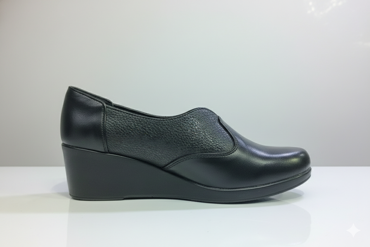 کفش چرم زنانه مشکی مدل لژدار با رویه ترکیبی ساده و طرحدار