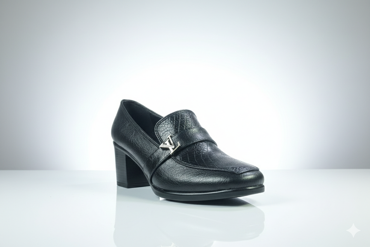 کفش مجلسی زنانه مشکی پاشنه پهن با رویه چرم بافتدار و اکسسوری فلزی