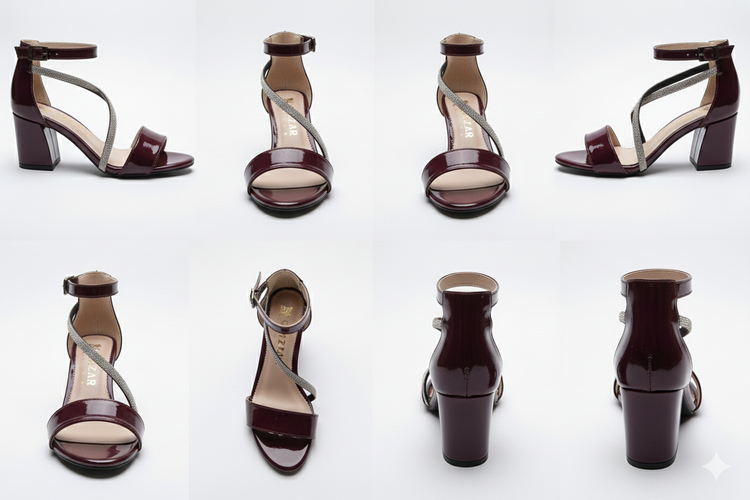 صندل مجلسی زنانه مدل گلزار ورنی با بند نگیندار و پاشنه پهن