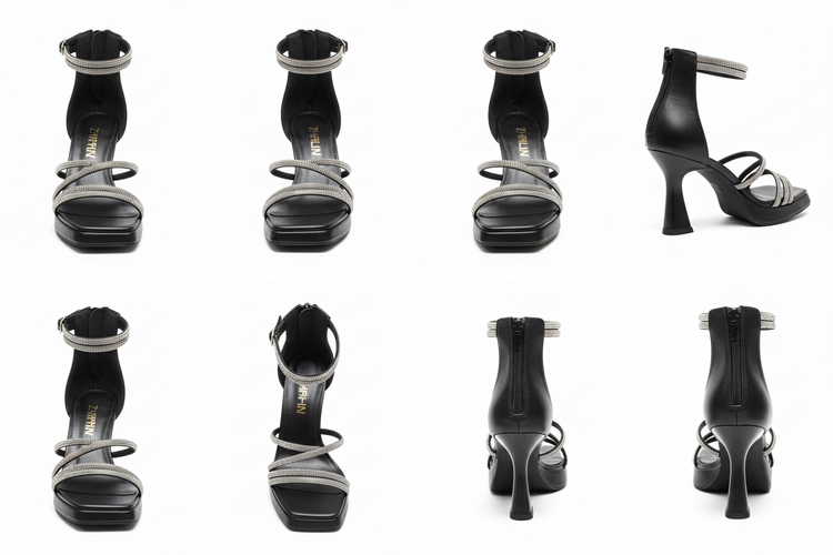 صندل مجلسی سفید برند ژالین با پاشنه پهن و بندهای نگیندار درخشان مناسب عروس