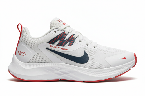 عکس استودیویی از نمای کناری کفش ورزشی نایک رانینگ مشکی با زیره سفید و جزئیات قرمز.